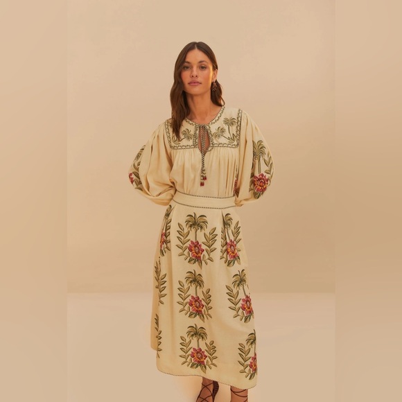 FARM RIO Tropical Flower Embroidered Sand Maxi Skirt - Picture 3 of 6